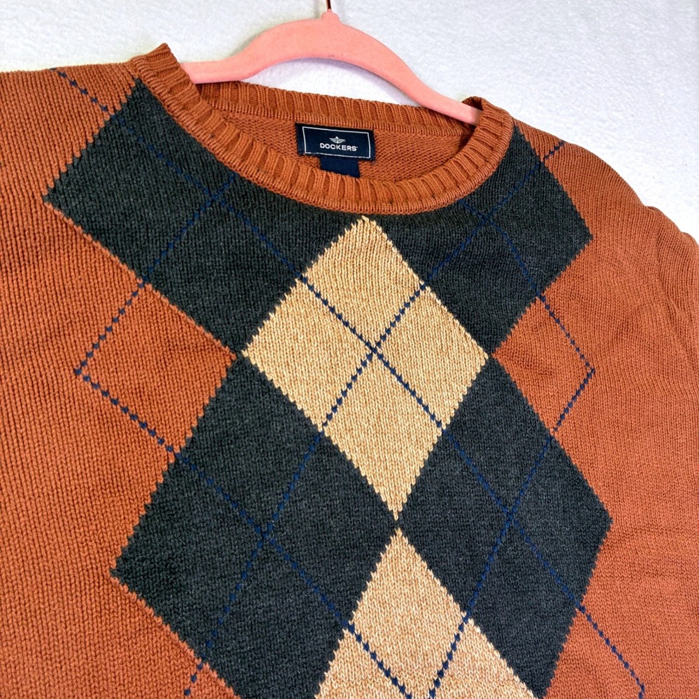 Dockers Mens XL Argyle Cotton Knit Crewneck Sweater Brown Tan Grey Pullover
